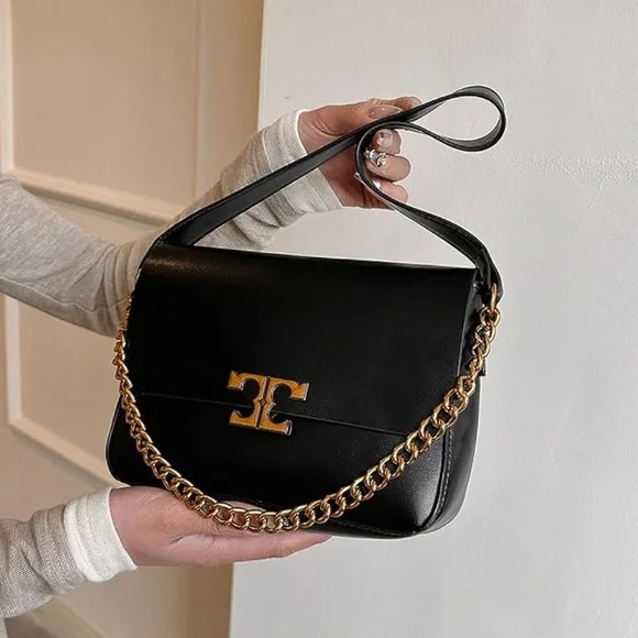 New Designer Inspired Vegan Faux Leather Shoulder Bag Golden Chain Strap NWT - Picture 5 of 15